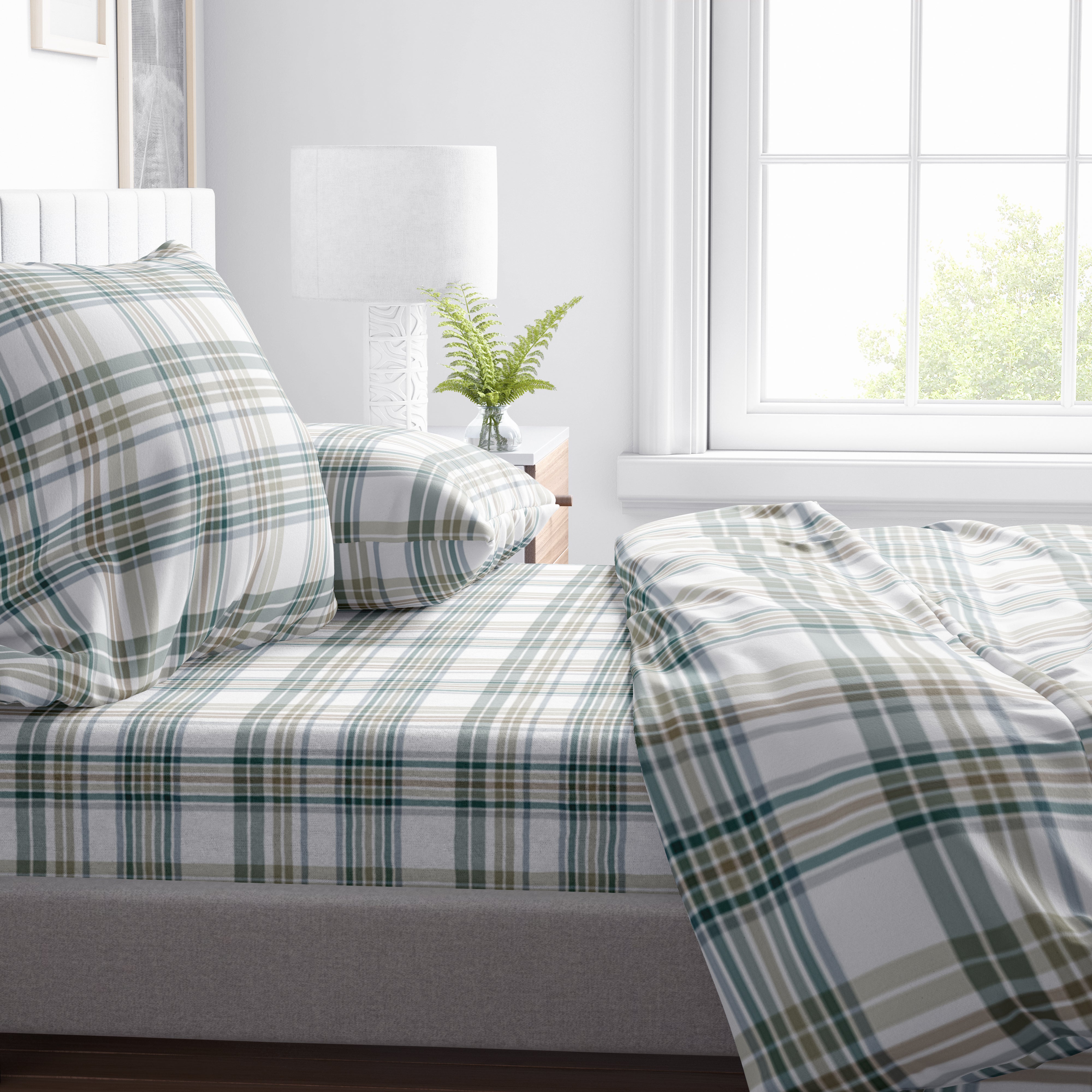 Khaki Plaid Fleece Sheet Set