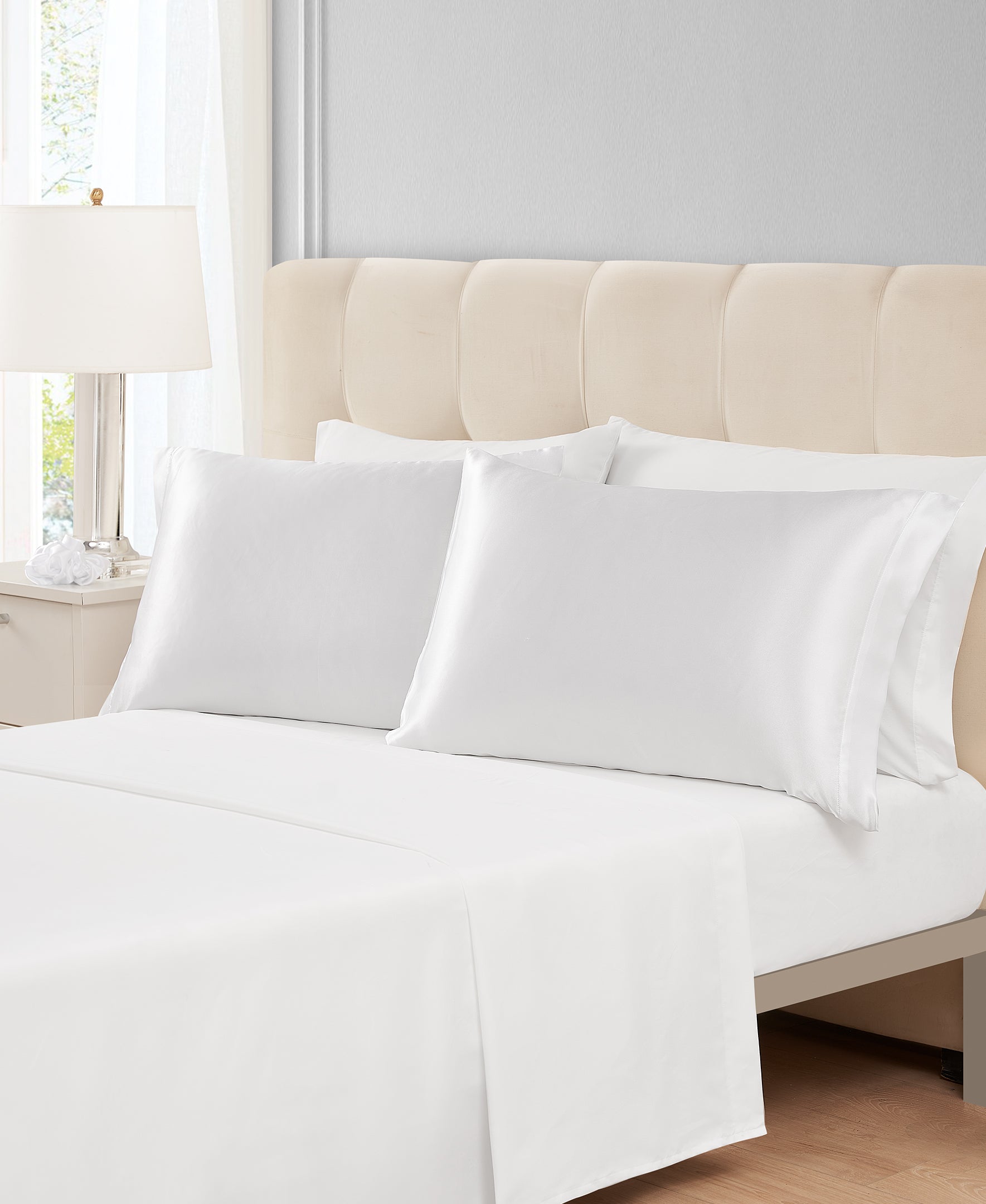 White Sheet Set with Satin Accessories